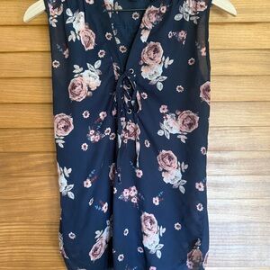 J For Justify Floral Lace-Up Blouse Navy Sleeveless Top | Size S